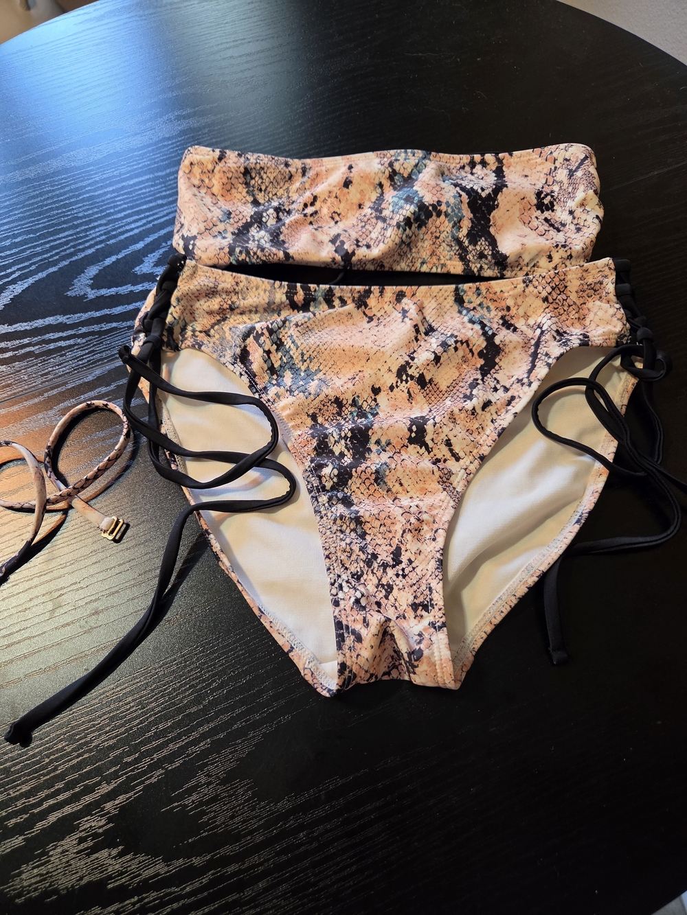 🎀Snake Print High-Waist Bikini Bottom with Side Tie Detail - Pink/Tan/Black